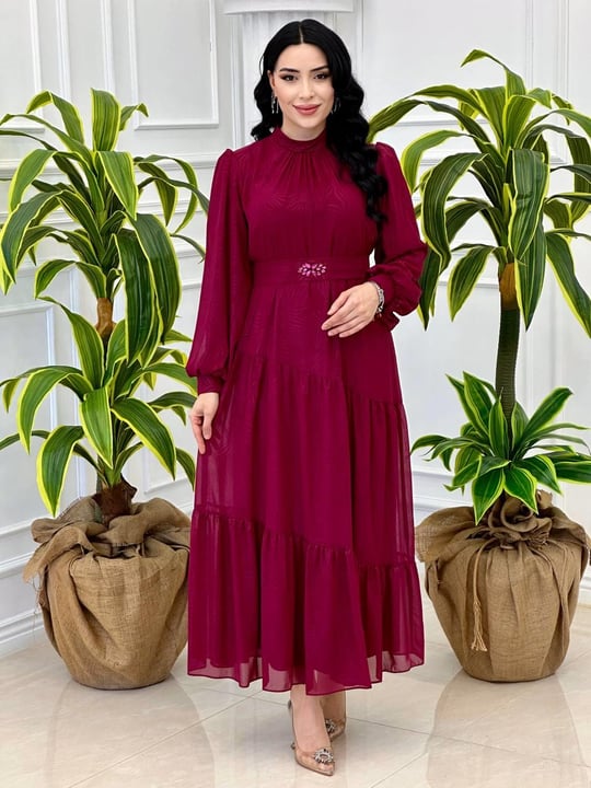 Baskılı Şifon Elbise 12505 Tk-24 Mürdüm