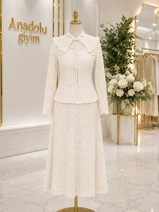 Bebe Yaka Güpür Etekli Takım 9067 T-26 Ekru
