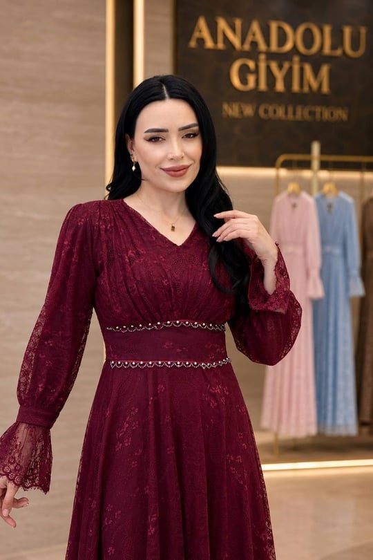 Bel Boncuk İşleme Güpür Elbise 9054 T-26 Mürdüm