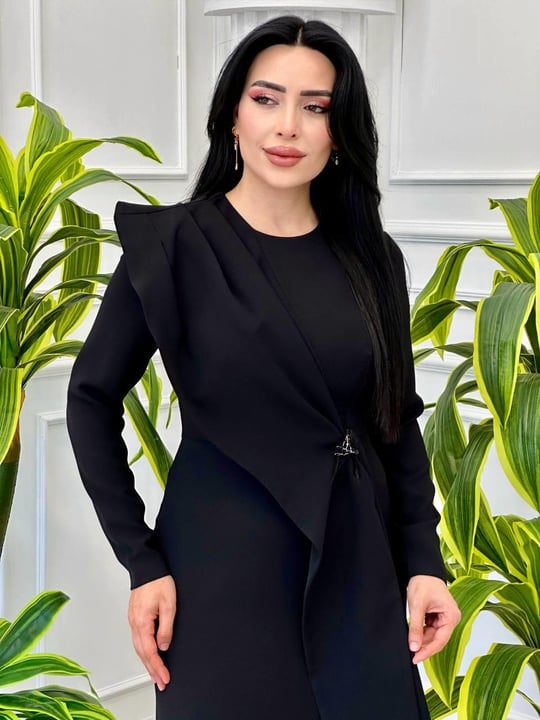 Bel Broşlu Krep Elbise 12507 t-24 Siyah