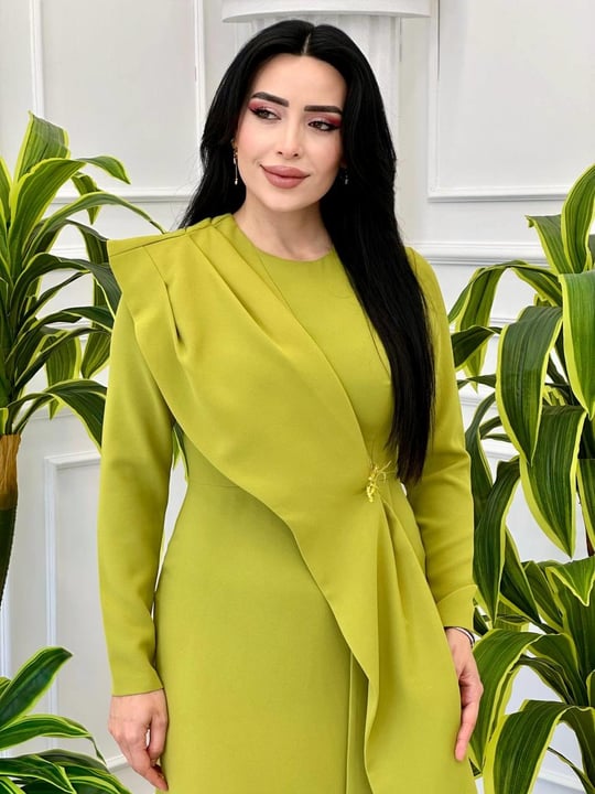 Bel Broşlu Krep Elbise 12507 t-24 Yağ Yeşili