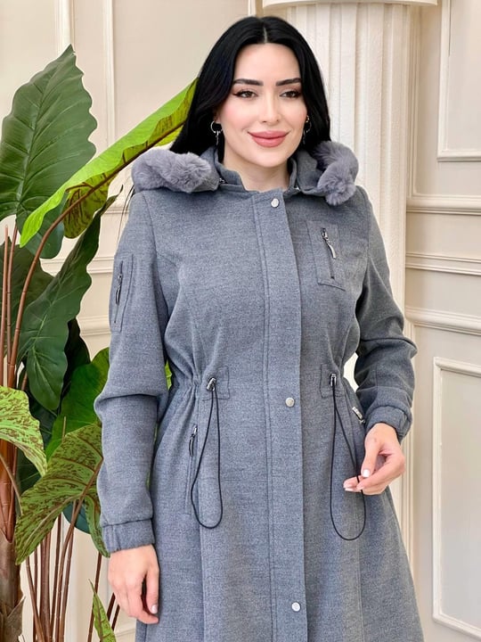 Bel Büzme Büyük Beden Kaşe Kaban 8220 T-24 Gri