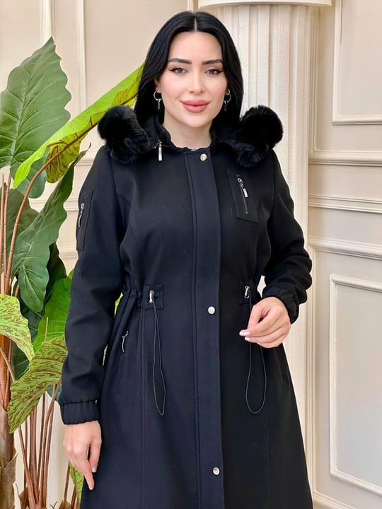 Bel Büzme Büyük Beden Kaşe Kaban 8220 T-24 Siyah