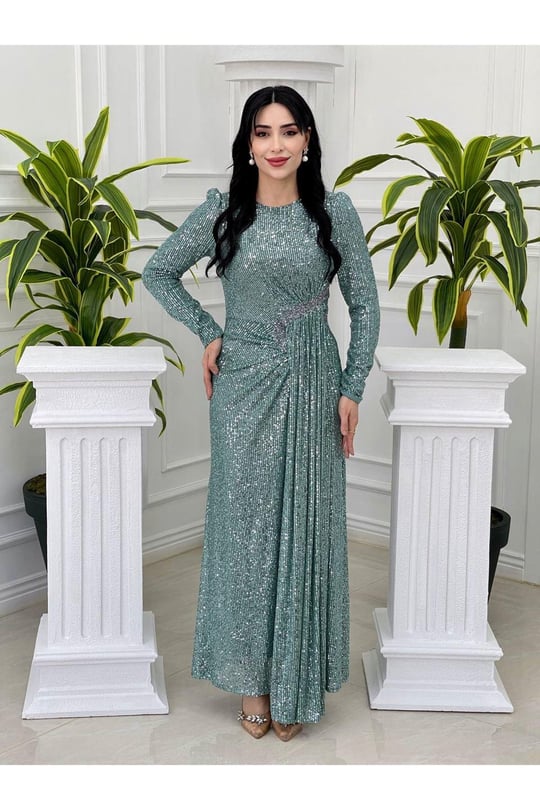 Bel Detay Payet Elbise 3925 Mint yeşili