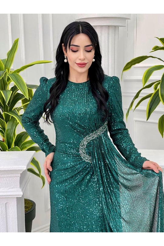 Bel Detay Payet Elbise 3925 Yeşil