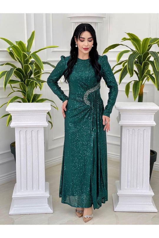 Bel Detay Payet Elbise 3925 Yeşil