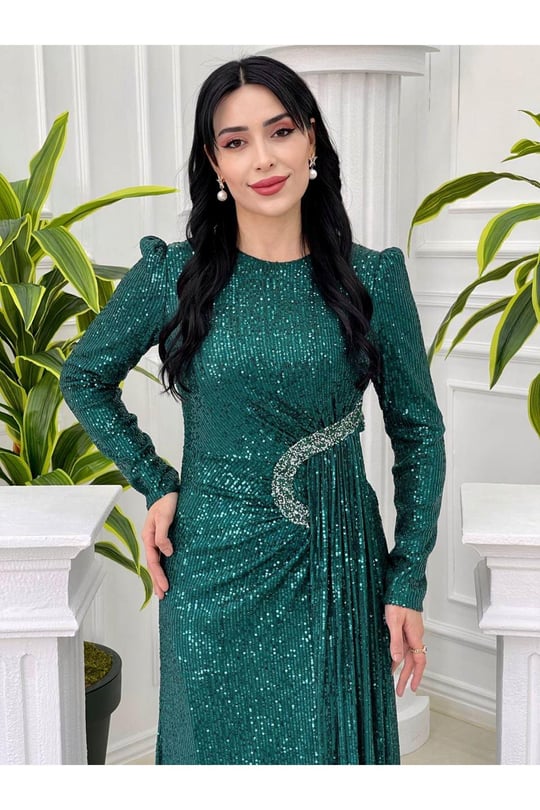 Bel Detay Payet Elbise 3925 Yeşil