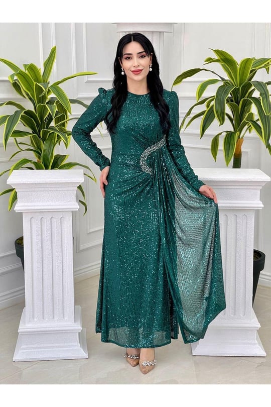 Bel Detay Payet Elbise 3925 Yeşil