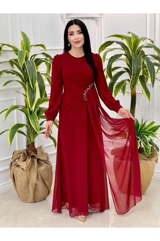 Bel Detay Şifon Elbise 4032 Bordo