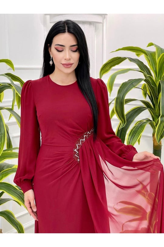 Bel Detay Şifon Elbise 4032 Bordo