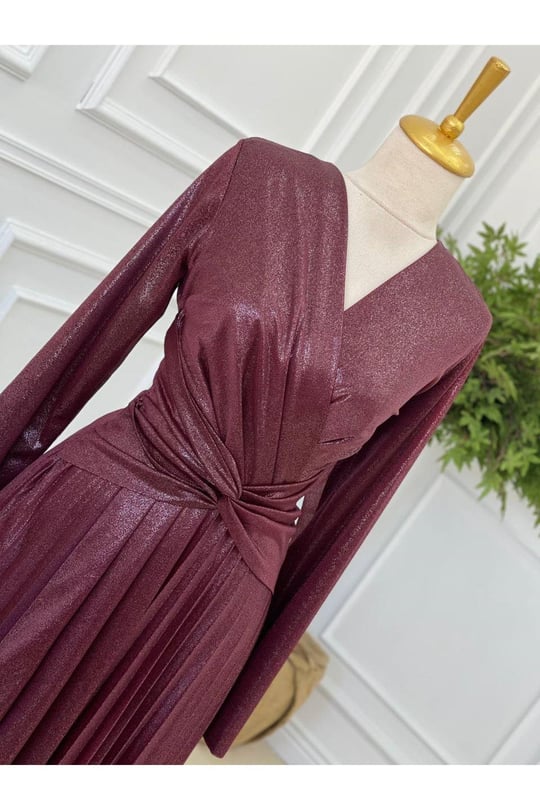 Bel Detay Simli Elbise 3322 Bordo