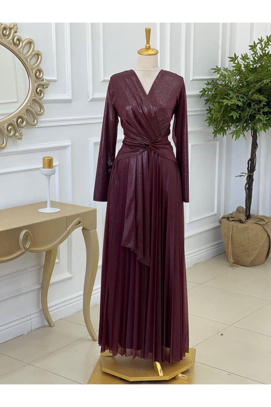Bel Detay Simli Elbise 3322 Bordo