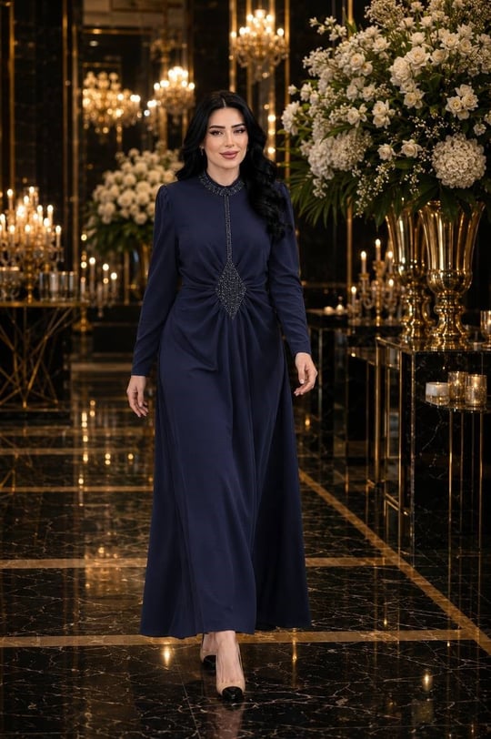 Bel Drape Boncuk İşleme Elbise 7213 T-26 Lacivert