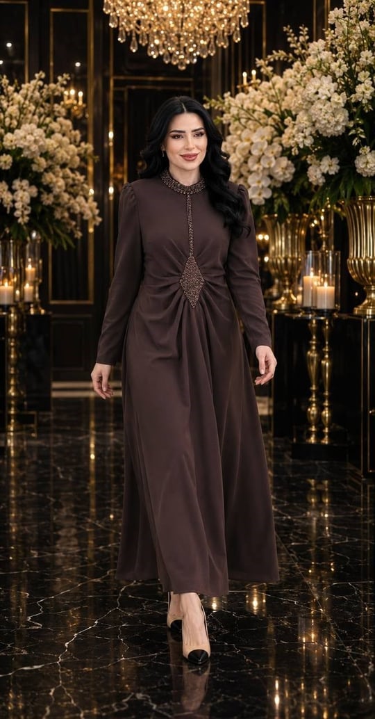 Bel Drape Boncuk İşleme Elbise 7213 T-26 Kahverengi