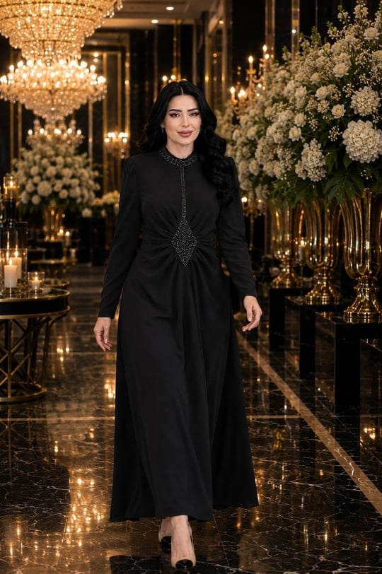 Bel Drape Boncuk İşleme Elbise 7213 T-26 Siyah