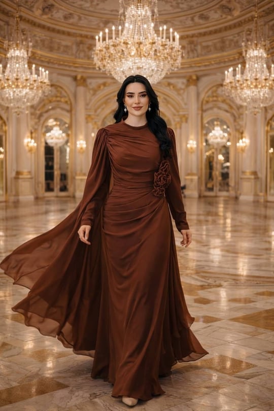 Bel Drape Büyük Beden Şifon Elbise 153 T-26 Kahverengi