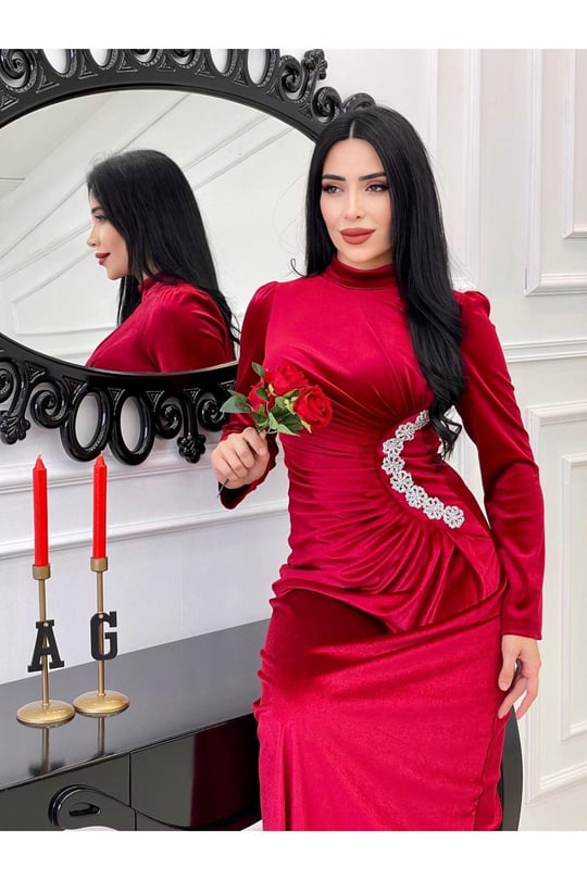 Bel Drape Kadife Elbise 4260 Bordo