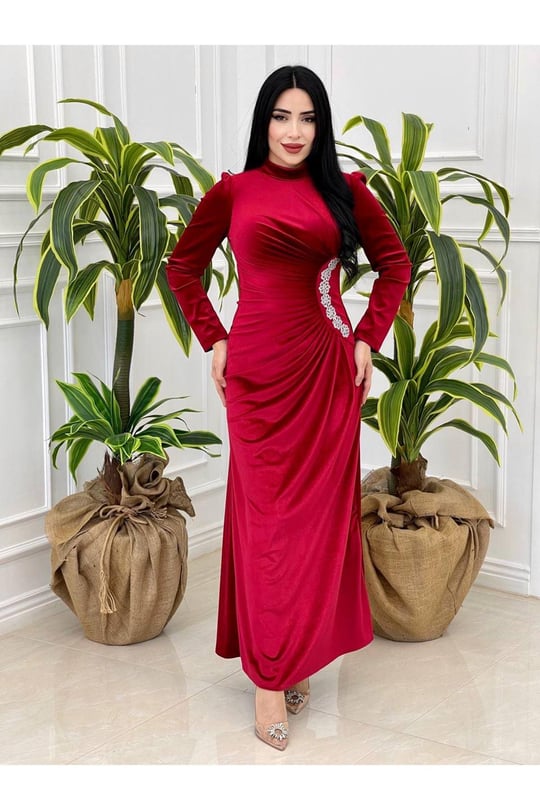 Bel Drape Kadife Elbise 4260 Bordo