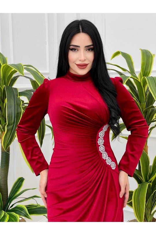 Bel Drape Kadife Elbise 4260 Bordo