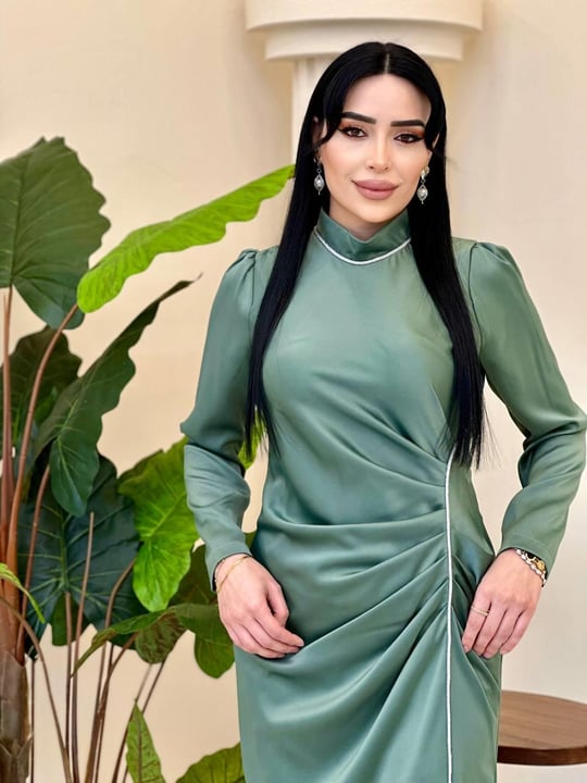 Bel Drape Saten Elbise 4668 T-25 Yeşil