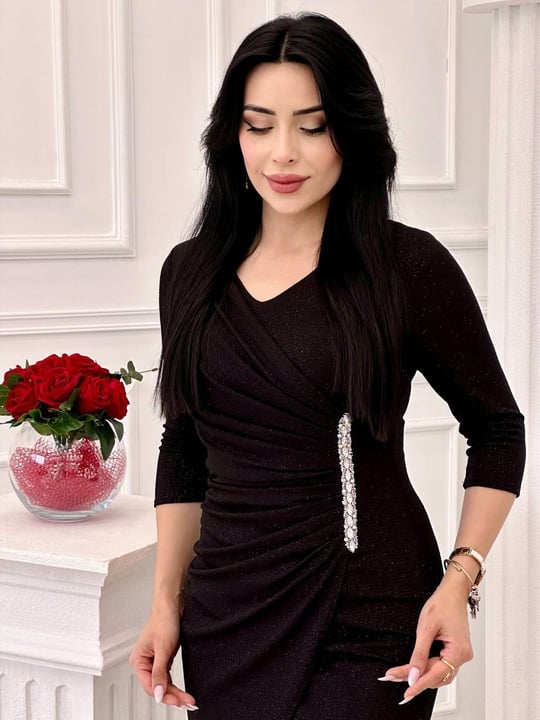 Bel Drape Simli Elbise 6155 t-24 Siyah