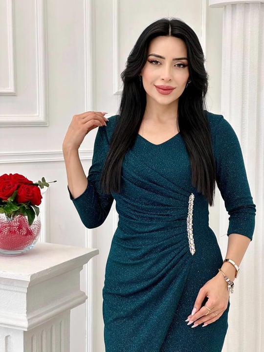 Bel Drape Simli Elbise 6155 t-24 Zümrüt Yeşil