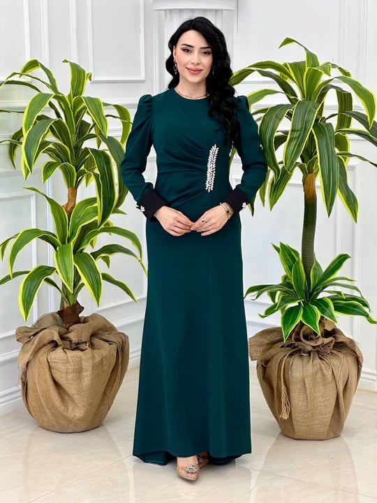 Bel Drape Taşlı Manşetli Elbise 5102 t-24 Zümrüt Yeşil