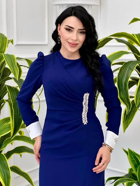 Bel Drape Taşlı Manşetli Elbise 5102 t-24 Saks