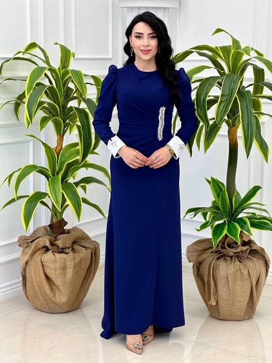 Bel Drape Taşlı Manşetli Elbise 5102 t-24 Saks