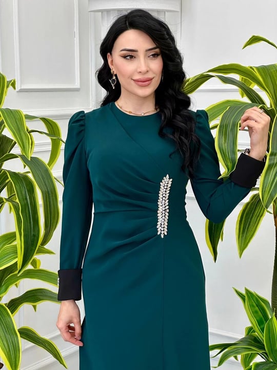 Bel Drape Taşlı Manşetli Elbise 5102 t-24 Zümrüt Yeşil