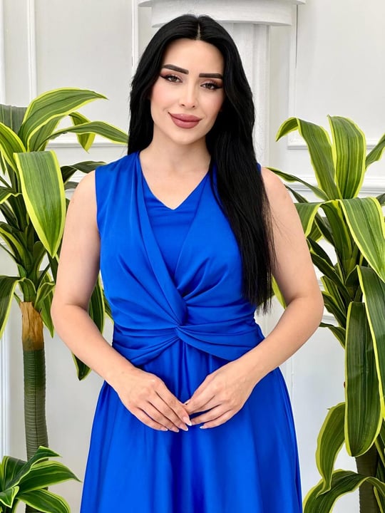 Bel Düğümlü Saten Abiye 4199 t-24 Saks