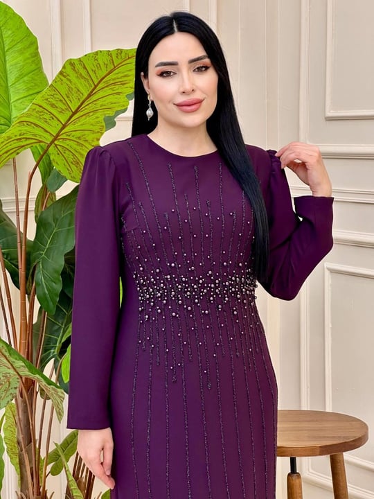 Bel İnci İşleme Krep Elbise 2101 e025 Mor