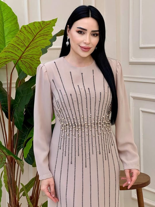 Bel İnci İşleme Krep Elbise 2101 e025 Bej