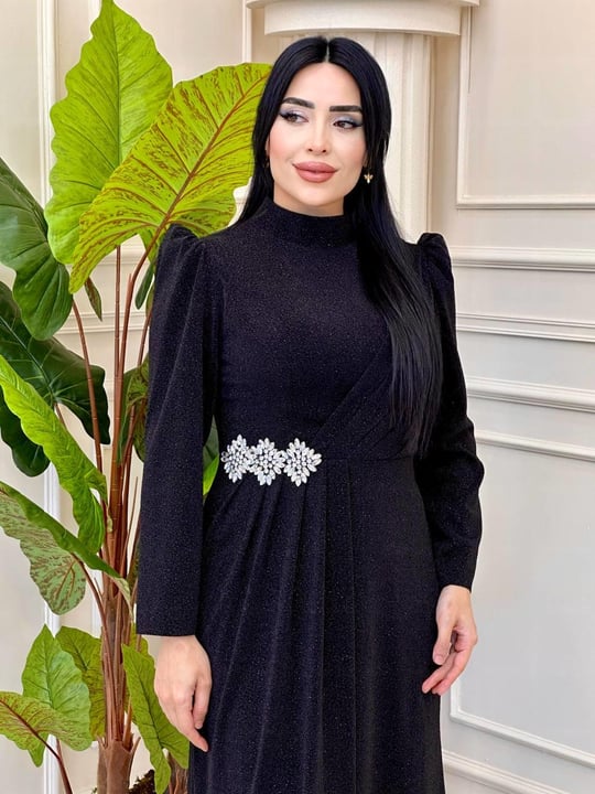 Bel Taş Simli Elbise 20195 t-24 Siyah