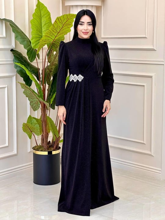 Bel Taş Simli Elbise 20195 t-24 Siyah