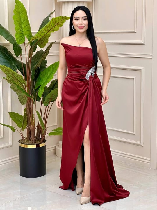 Bel Taş Tek Omuz Saten Abiye 2358 T-24 Bordo