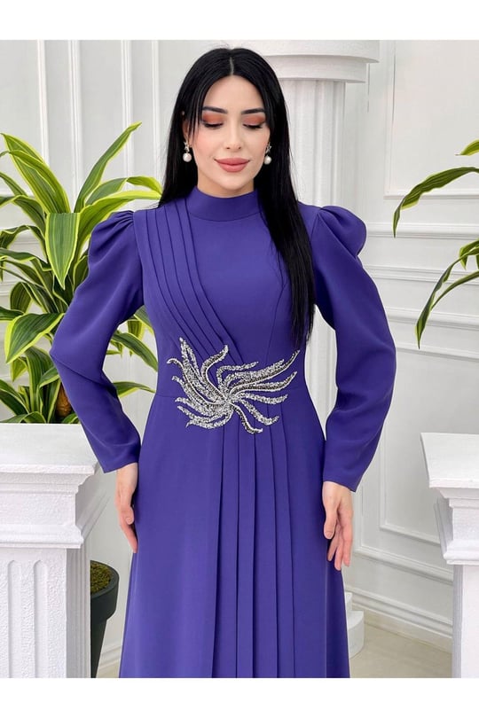 Bel Taşlı Pileli Elbise 1050 Morcivert
