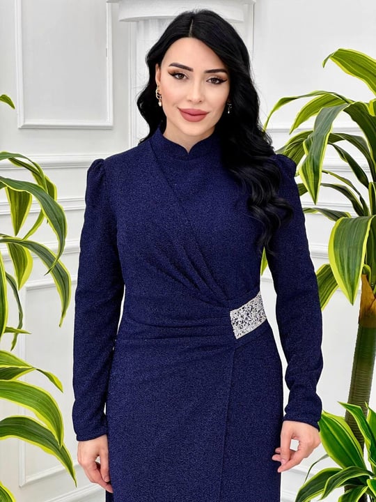 Bel Taşlı Simli Elbise 24y22 T-24 Lacivert