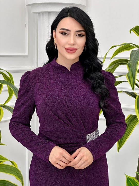Bel Taşlı Simli Elbise 24y22 T-24 Mor