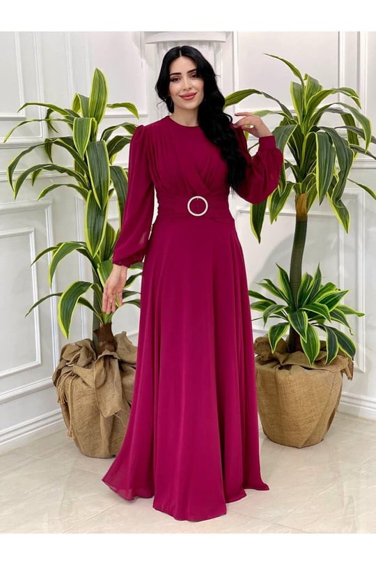 Bel Tokalı Şifon Elbise 12382 Vişne
