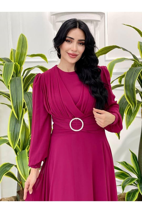 Bel Tokalı Şifon Elbise 12382 Vişne