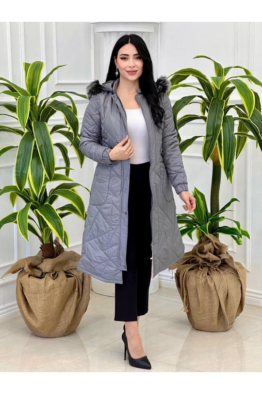 Bel Tokalı Şişme Kaban 8135 Gri