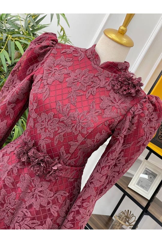 Beli Çiçek Sim Kabartma Abiye 17995 Bordo