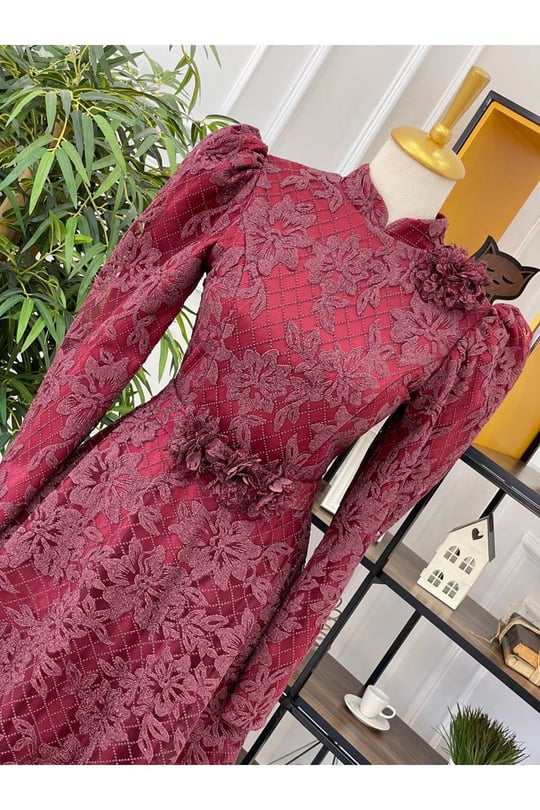 Beli Çiçek Sim Kabartma Abiye 17995 Bordo