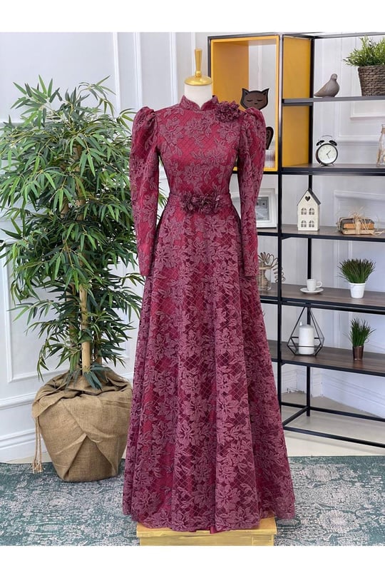 Beli Çiçek Sim Kabartma Abiye 17995 Bordo