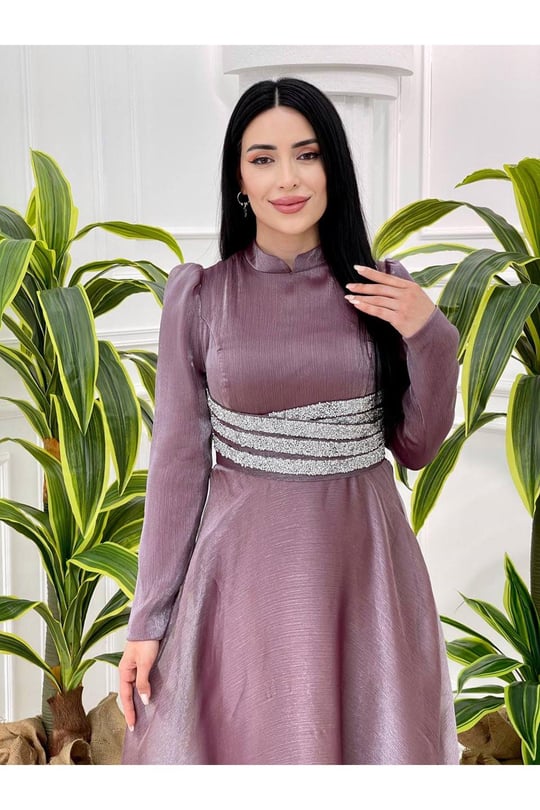 Beli Taşlı Jan Jan Elbise 3812 Leylak