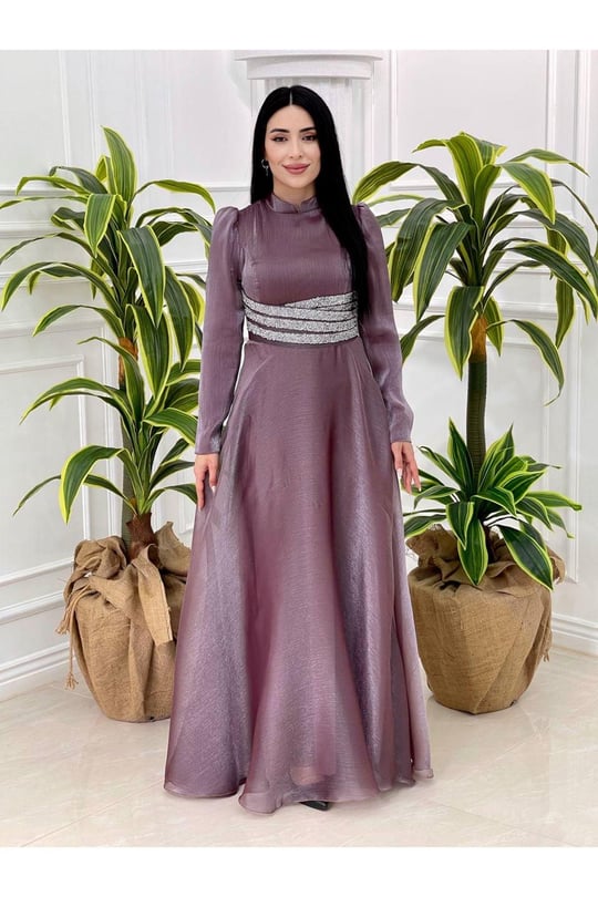 Beli Taşlı Jan Jan Elbise 3812 Leylak