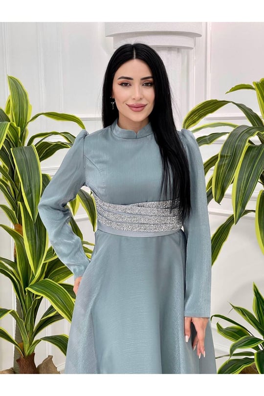 Beli Taşlı Jan Jan Elbise 3812 Mint yeşili