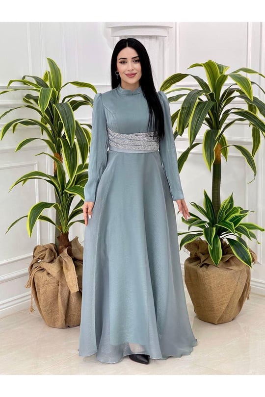 Beli Taşlı Jan Jan Elbise 3812 Mint yeşili
