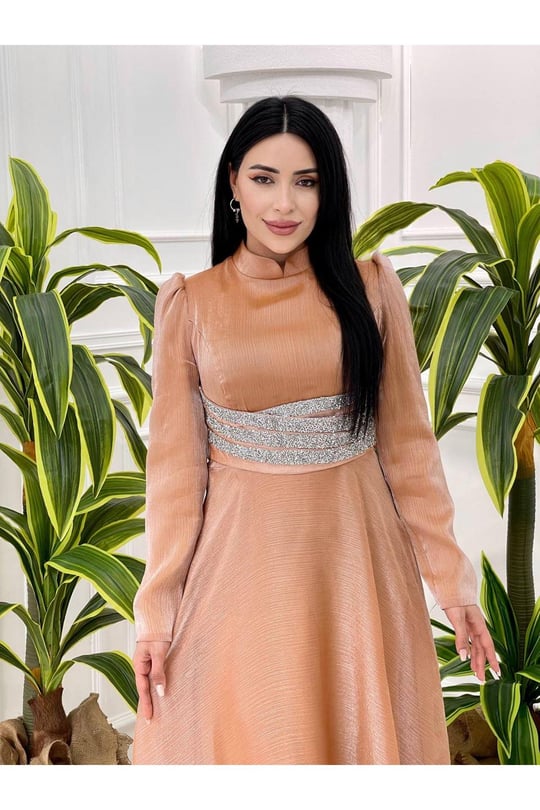 Beli Taşlı Jan Jan Elbise 3812 Somon